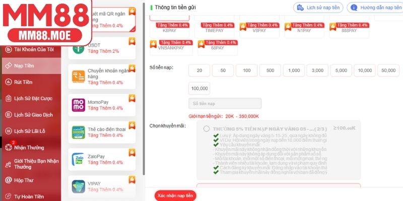 Nạp tiền MM88 qua chuyển khoản