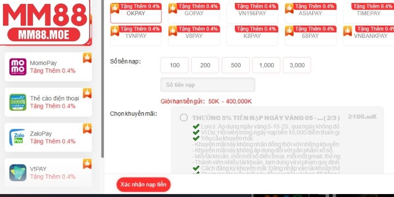 Cách nạp tiền MM88 chi tiết